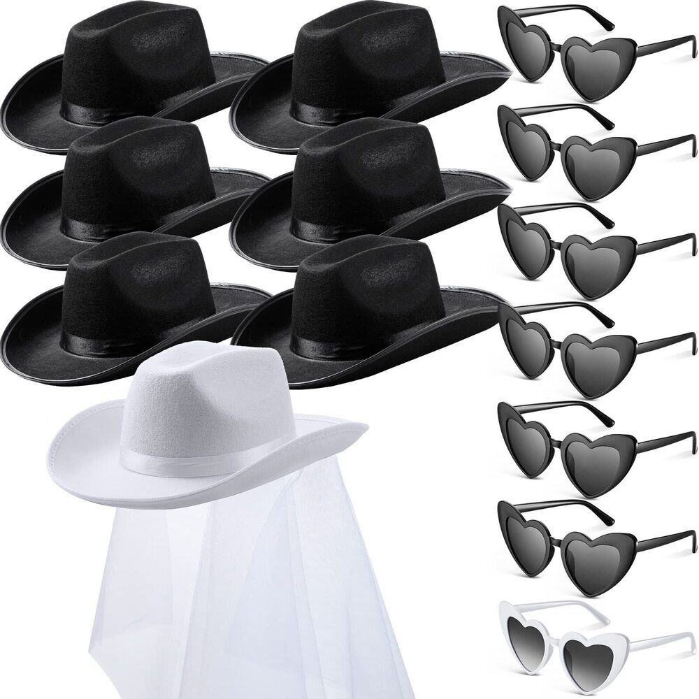 7999 14 Pcs Bridal Cowgirl Party Set Heart Glasses Bride Cowboy Hats